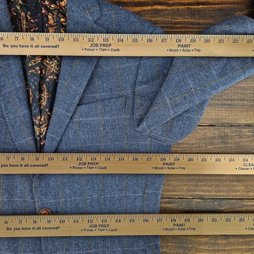 Men's Polyester Tweed Sport Coat Blazer Two Button Blue Plaid Size 36R